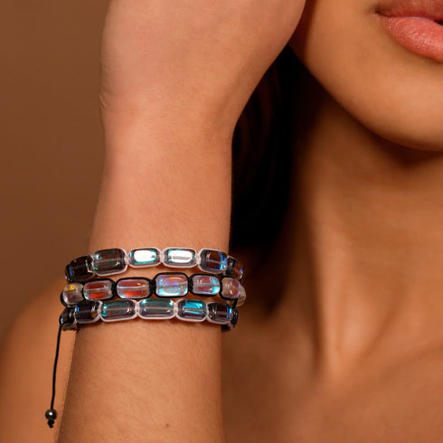 Rainbow Supernova | Silver | Galaxy Glass Pebble Macrame Bracelet